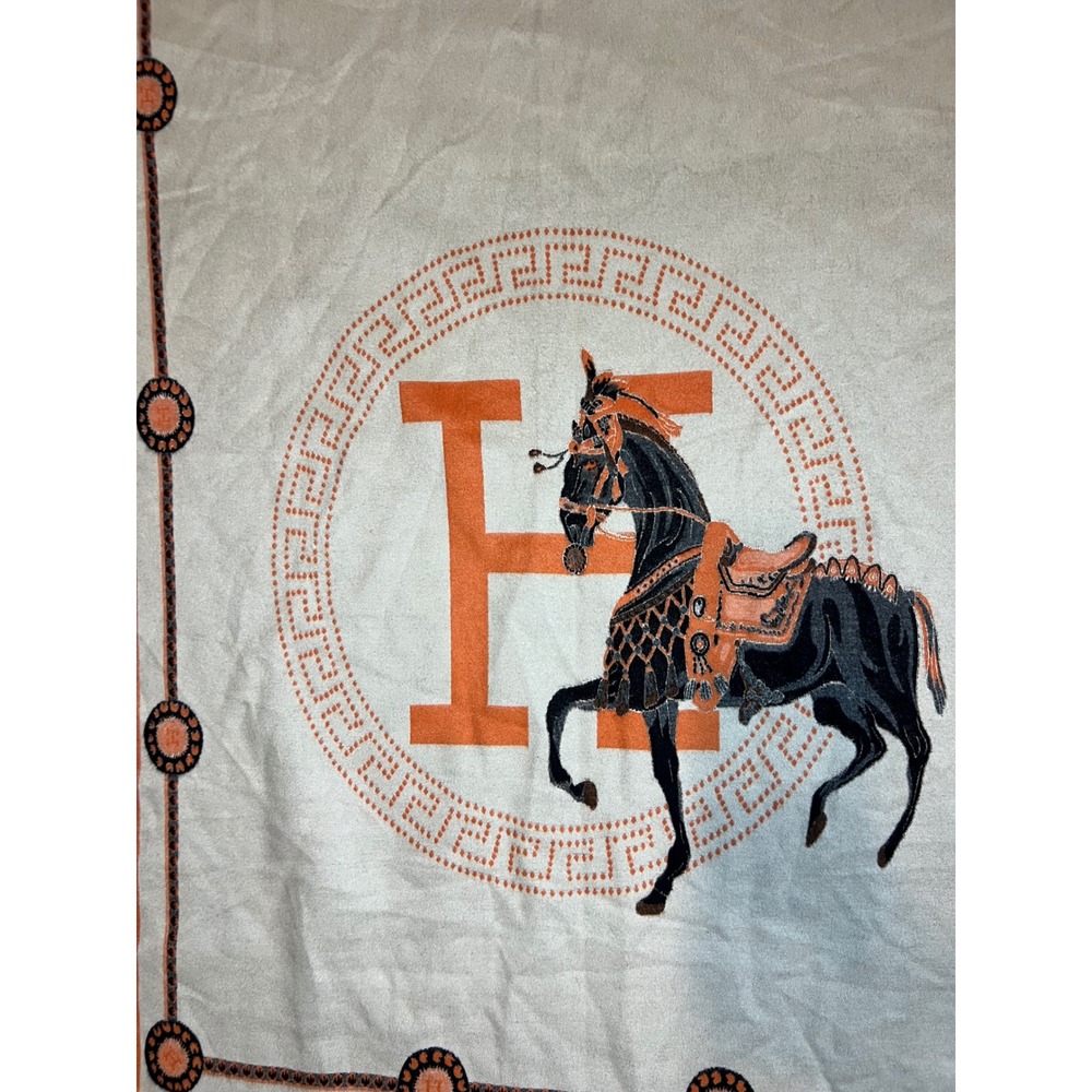 Equestrian Horse H Logo Reversible Scarf Cream Brown Orange Fringe Wrap